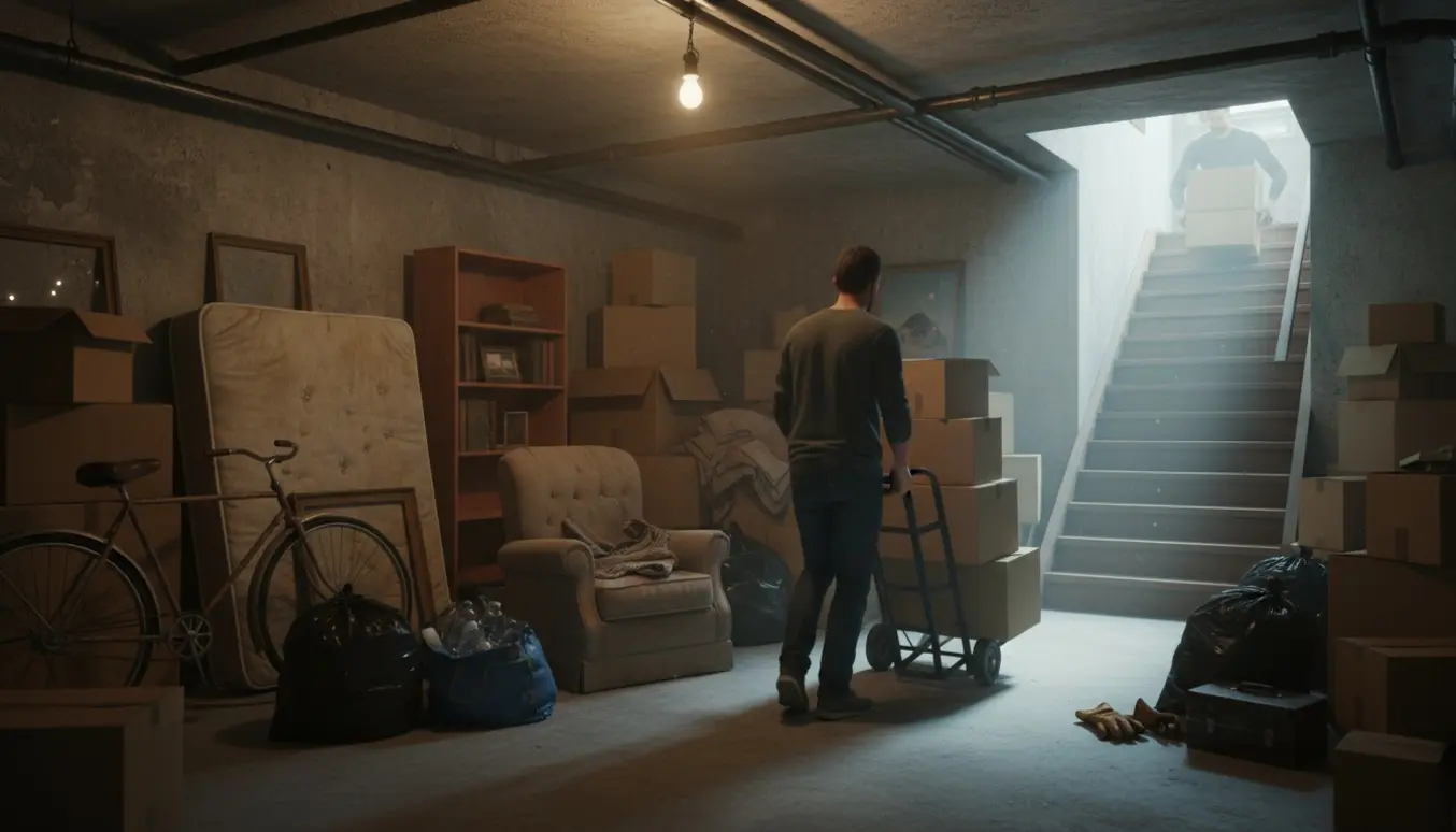 Kælderrum under oprydning med stabler af kasser og møbler, mens en person (ansigt skjult) trækker en tralle op ad trappen.