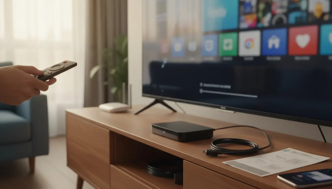 Hænder indstiller en TV-boks og kanaler på et fjernsyn i en lys, moderne stue.