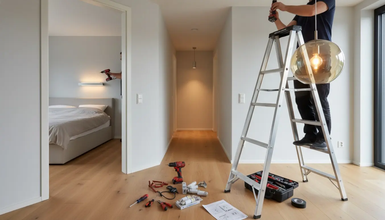 Installation af tre lamper i hjemmet: loftlampe i stuen, væglampe i soveværelset og pendel i gangen.
