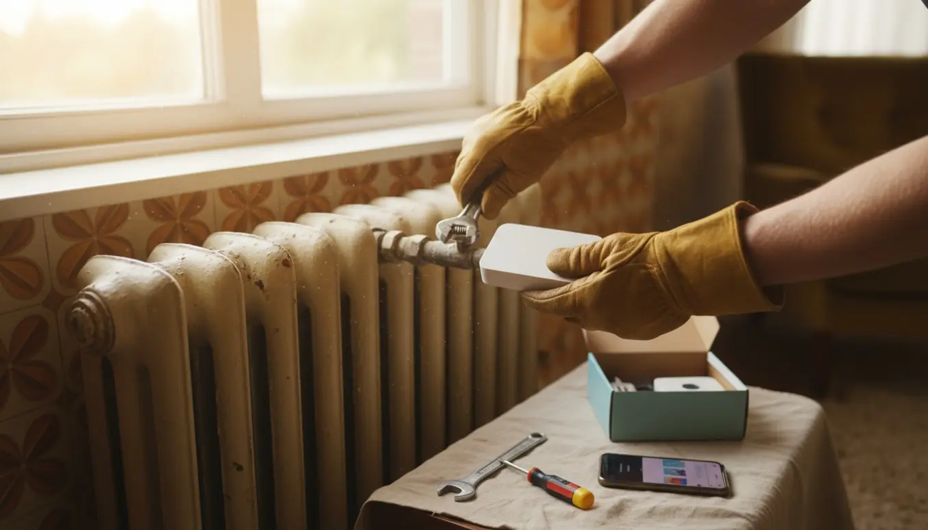 Nærbillede af hænder, der skifter en gammeldags radiatorventil til en moderne Wi‑Fi termostat i en 1970'er-stue.