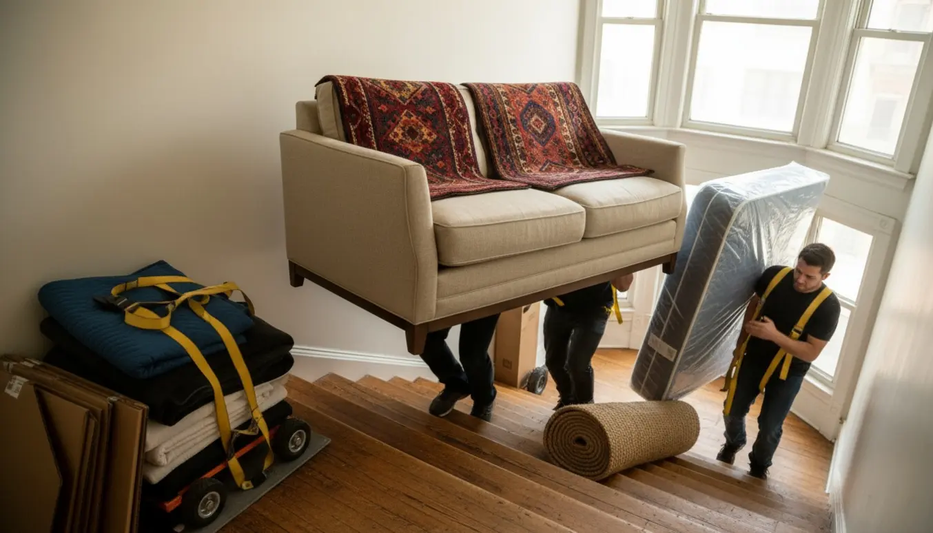 Flyttefolk bærer en sofa, en dobbeltsengsmadras og to rullede gulvtæpper op ad en opgang mod en øverste etage.