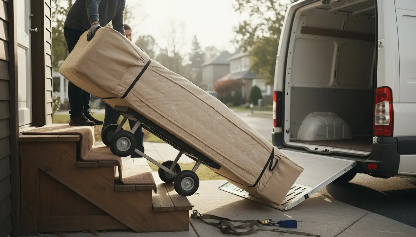 To personer bærer en boxmadras 140x200 op ad få trappetrin mod en åben flyttevogn, ansigter ikke synlige.