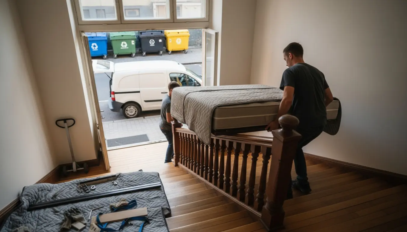 To personer bærer en Hovden sovesofa ned ad trappen med dele og en bøjet madras klar til genbrug.