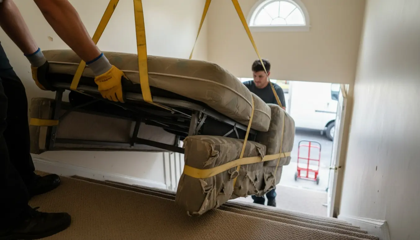 To flyttefolk bærer en tung sovesofa med synligt jernstel ned ad en smal trappe, ansigter ikke tydelige.
