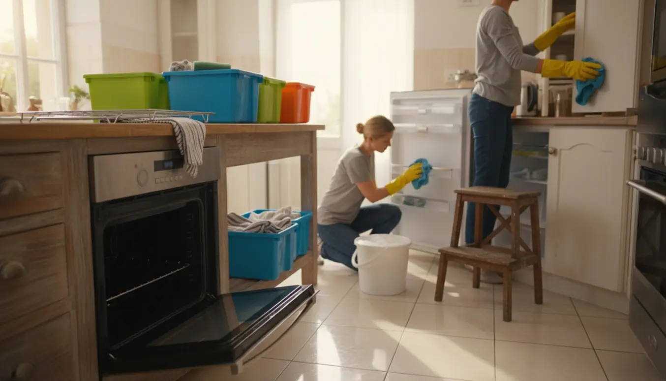 Hænder i handsker rengør ovn og køleskab, mens andre hænder sorterer ting i plastkasser i et lyst køkken.