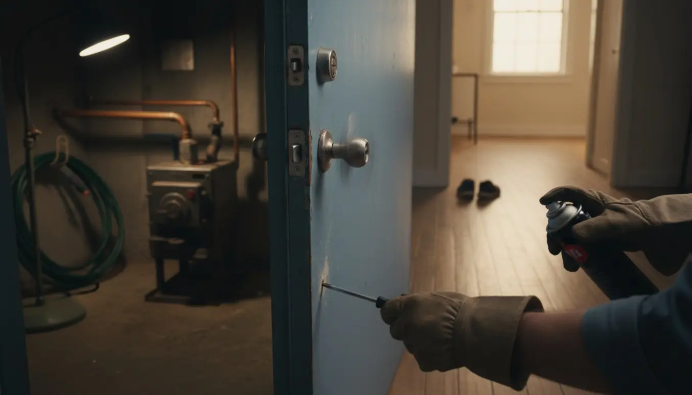 Hænder forsøger at åbne en fastkilet dør mellem fyrrum og hus, mens låsevrideren drejer uden at åbne.