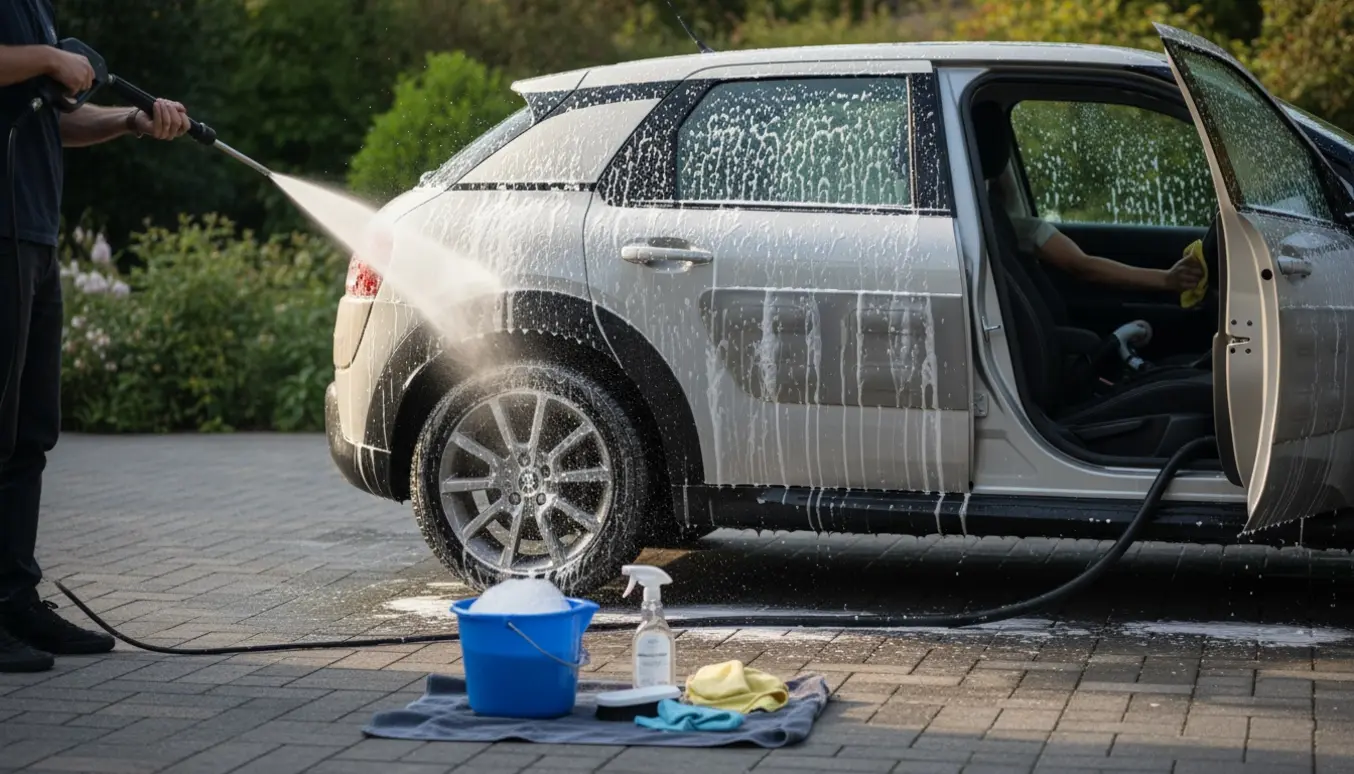 En kompakt hatchback bliver vasket udvendigt med skum, mens sæderne støvsuges og rengøres indvendigt.