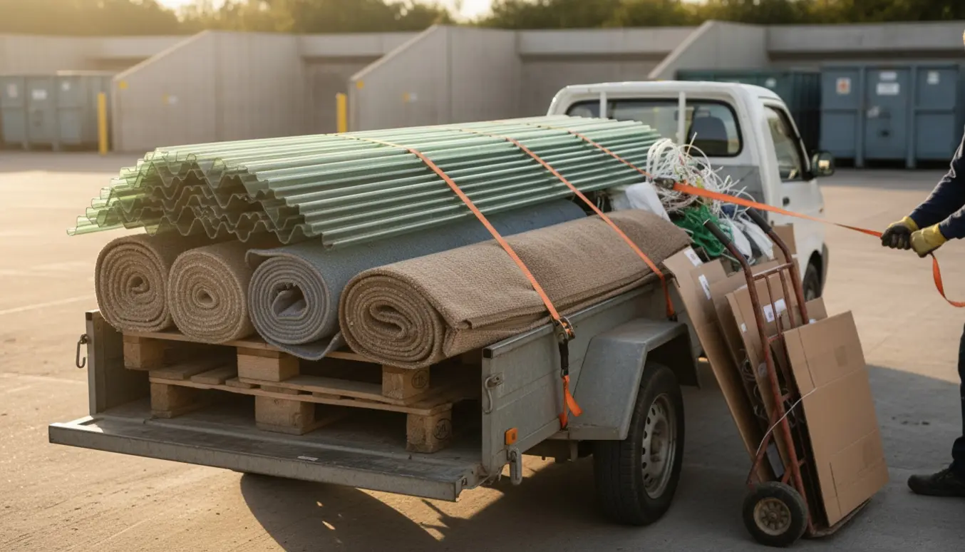 Lastbil med trailer ved genbrugsplads fyldt med træpaller, tæpper, plasttagplader og pap klar til aflevering.