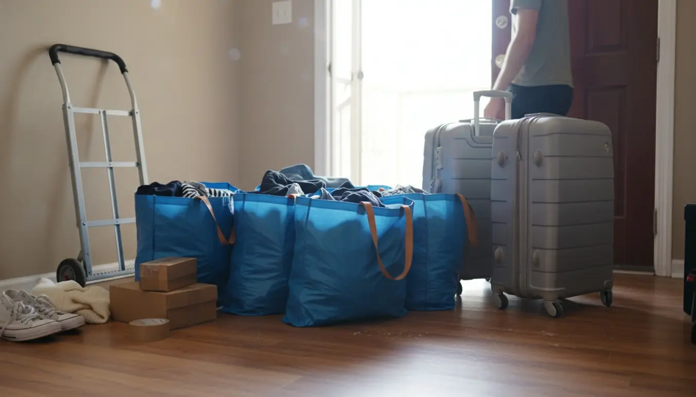 Fem store blå genbrugstasker og to kufferter står i entréen i en ny lejlighed, klar til flytning.