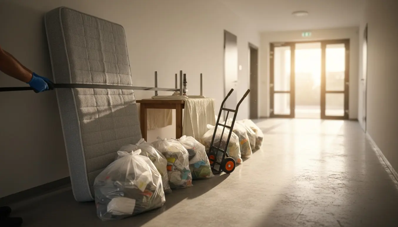 Boxmadras, bordplade og klare sække med affald bæres ud gennem en lys opgang.