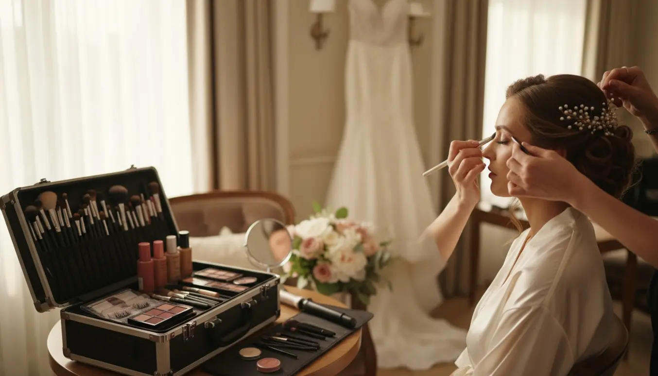 Makeupartist lægger aftenmakeup og styler hår i en elegant suite med åben rejsekuffert.