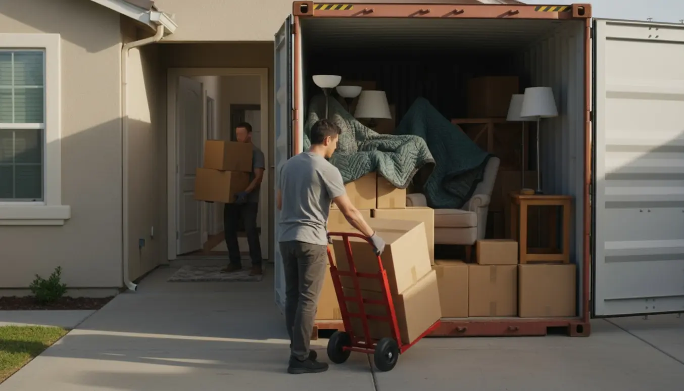 Halvfuld opbevaringscontainer ved en etplansvilla med folk, der flytter kasser ind med en sækkevogn.