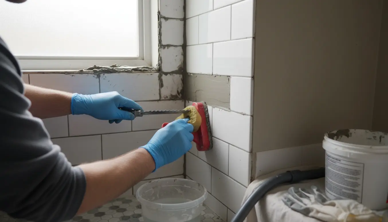 Nærbillede af hænder i handsker, der fjerner gammel skimmelplettet fuge og lægger ny fuge i et lille københavner-badeværelse.