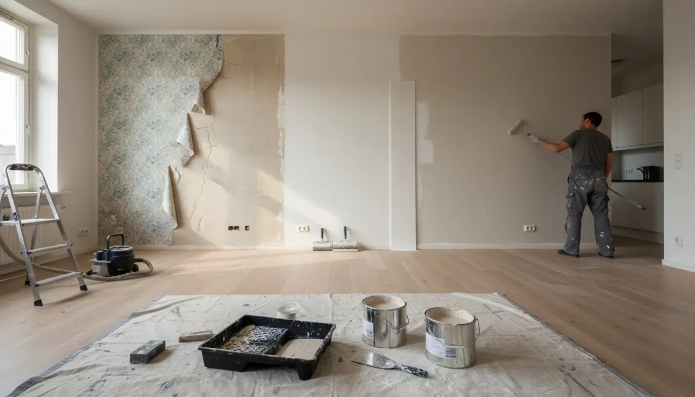 Tom lejlighed under renovering med tapet fjernet, filt opsat og maler, der ruller maling på væggen.