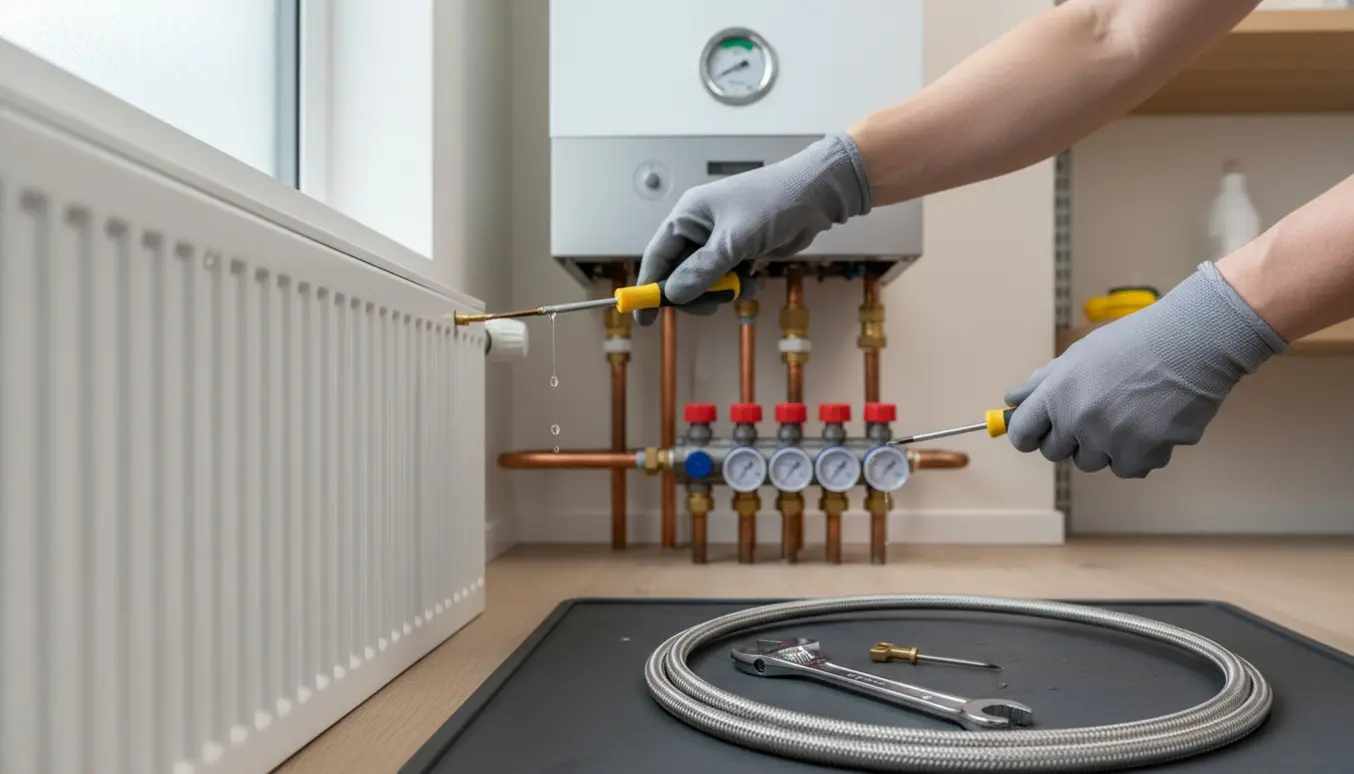 VVS-hænder udlufter gulvvarme og radiatorer ved et gasfyr med værktøj og manifolds i fokus.