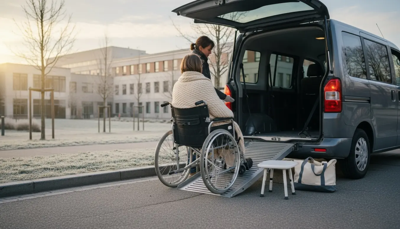 En person i kørestol bliver hjulpet op ad en rampe ind i en varevogn, mens en badebænk står klar ved siden af.