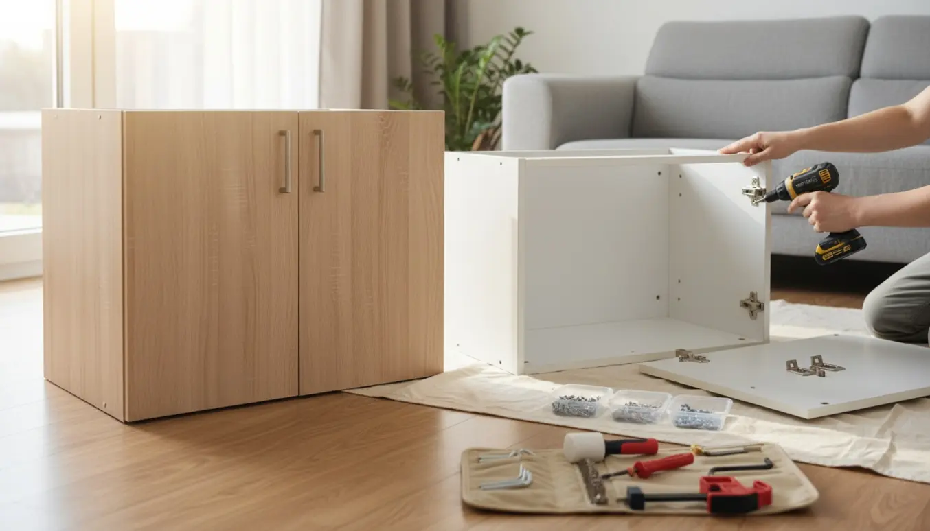 To flade pakkeskabe bliver samlet i en lys stue, hænder bruger en skruemaskine på et hængsel.