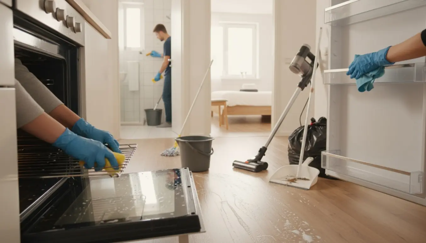 En person i handsker rengør ovn og køleskab i en solbeskinnet lejlighed med moppe, støvsuger og et rent badeværelse i baggrunden.