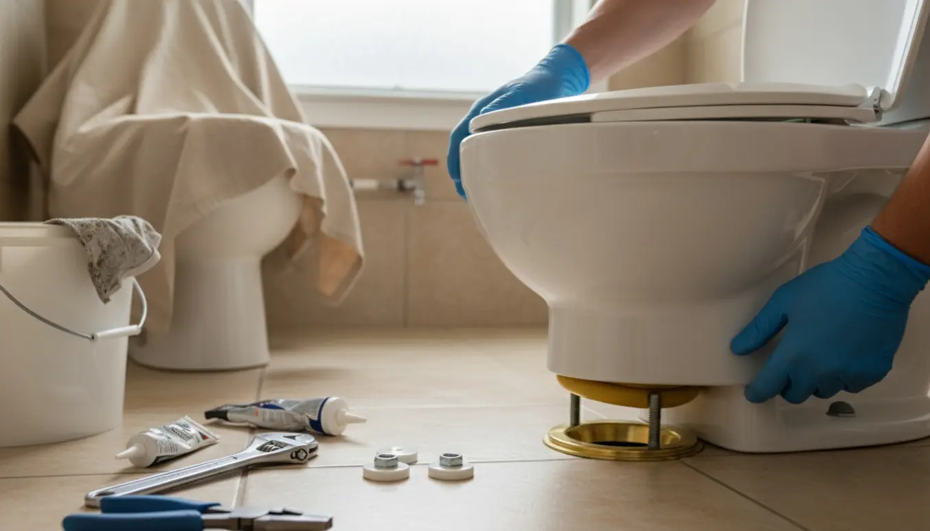 Handskerede hænder monterer en ny toiletskål over en waxring i et lyst badeværelse, med det gamle toilet sat til side.