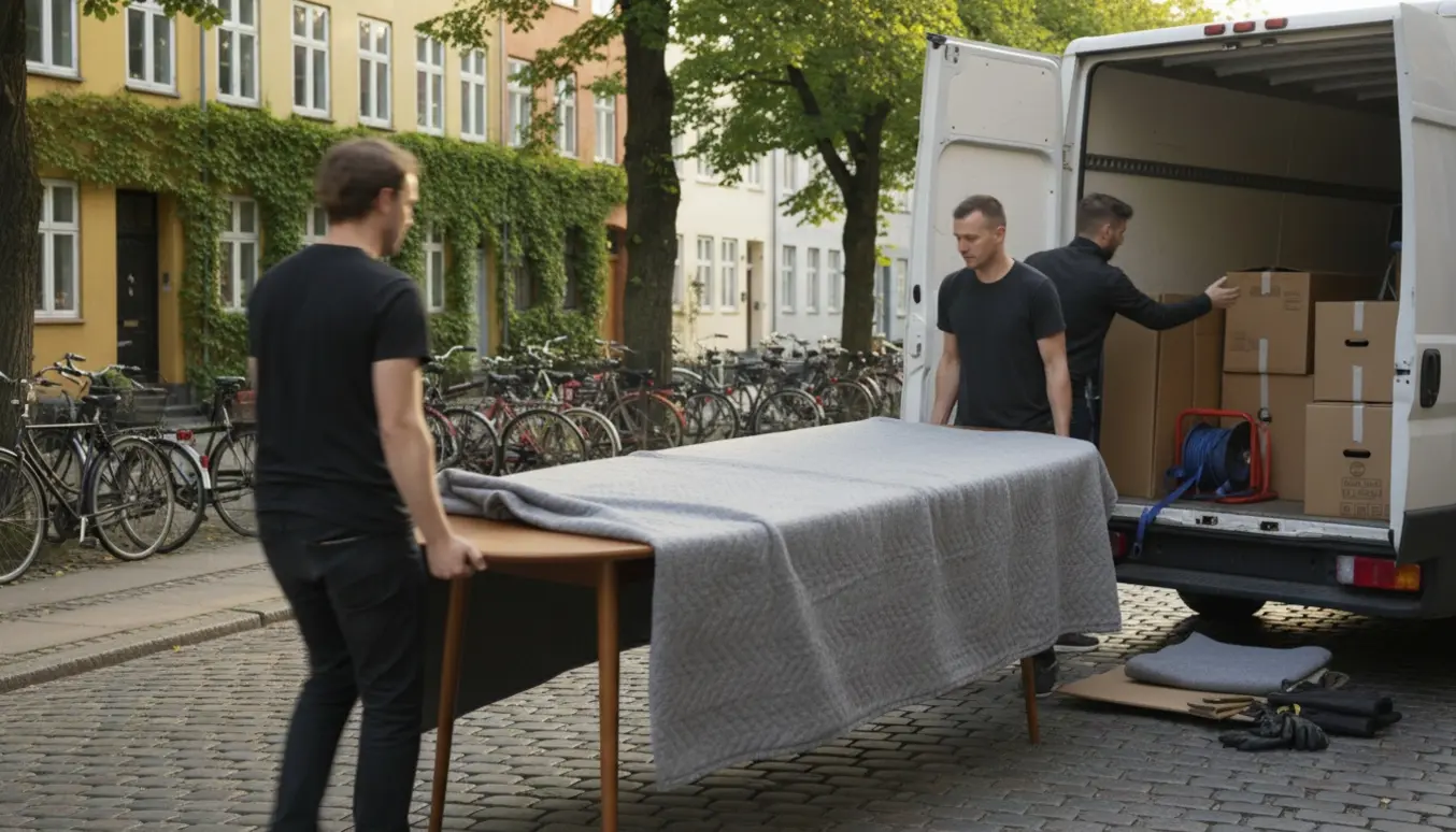 Et Piet Hein superellipse spisebord indpakket og båret ind i en flyttevogn på en grøn Frederiksberg-gade.