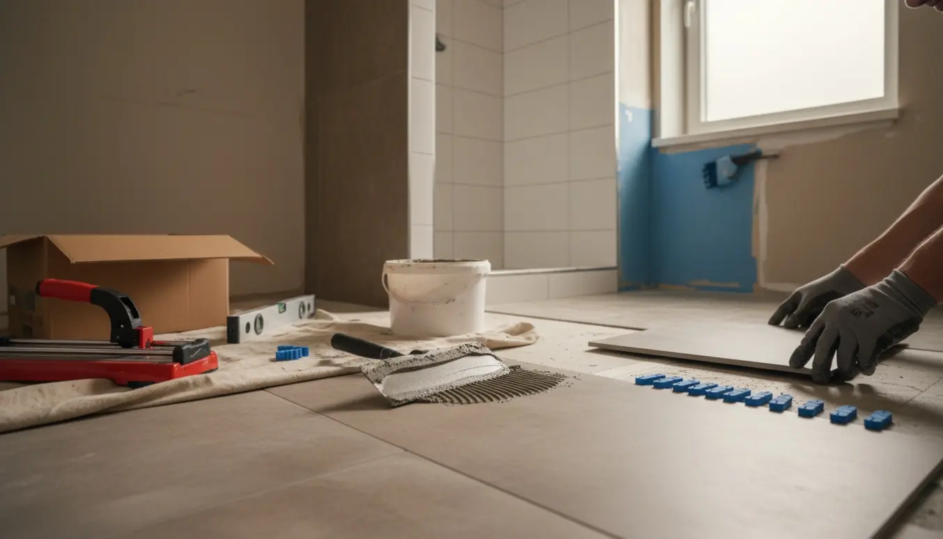 Nyrenoveret badeværelse under fliselægning, gulv og bruseniche med vådrumssikring og værktøj.