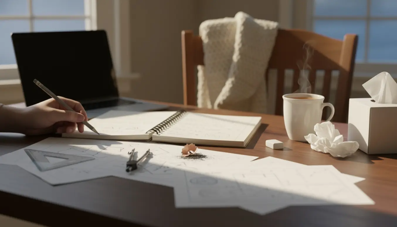 Nærbillede af et skrivebord med en matematikopgave, blyant, lineal, brugte lommetørklæder og en dampende kop te.