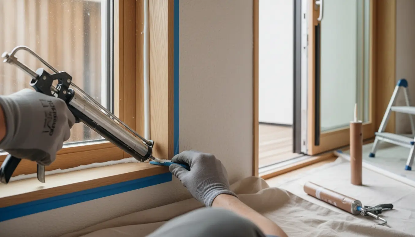 Nærbillede af fugearbejde ved vindue og dør med hånd, fugepistol og glatteværktøj i et lyst, skandinavisk rum.