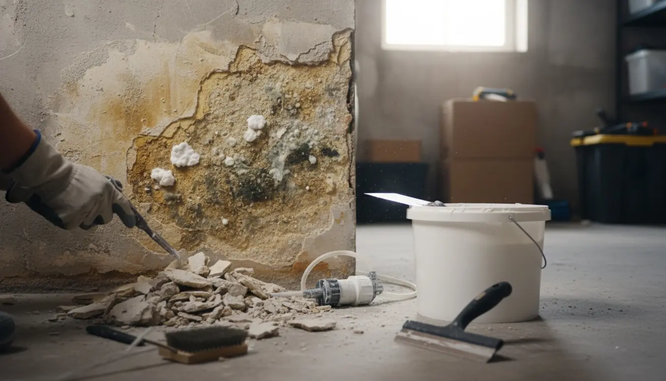 Kældervæg med fugt, saltudslag og skimmel under afbankning og forberedelse til vandtæt puds.