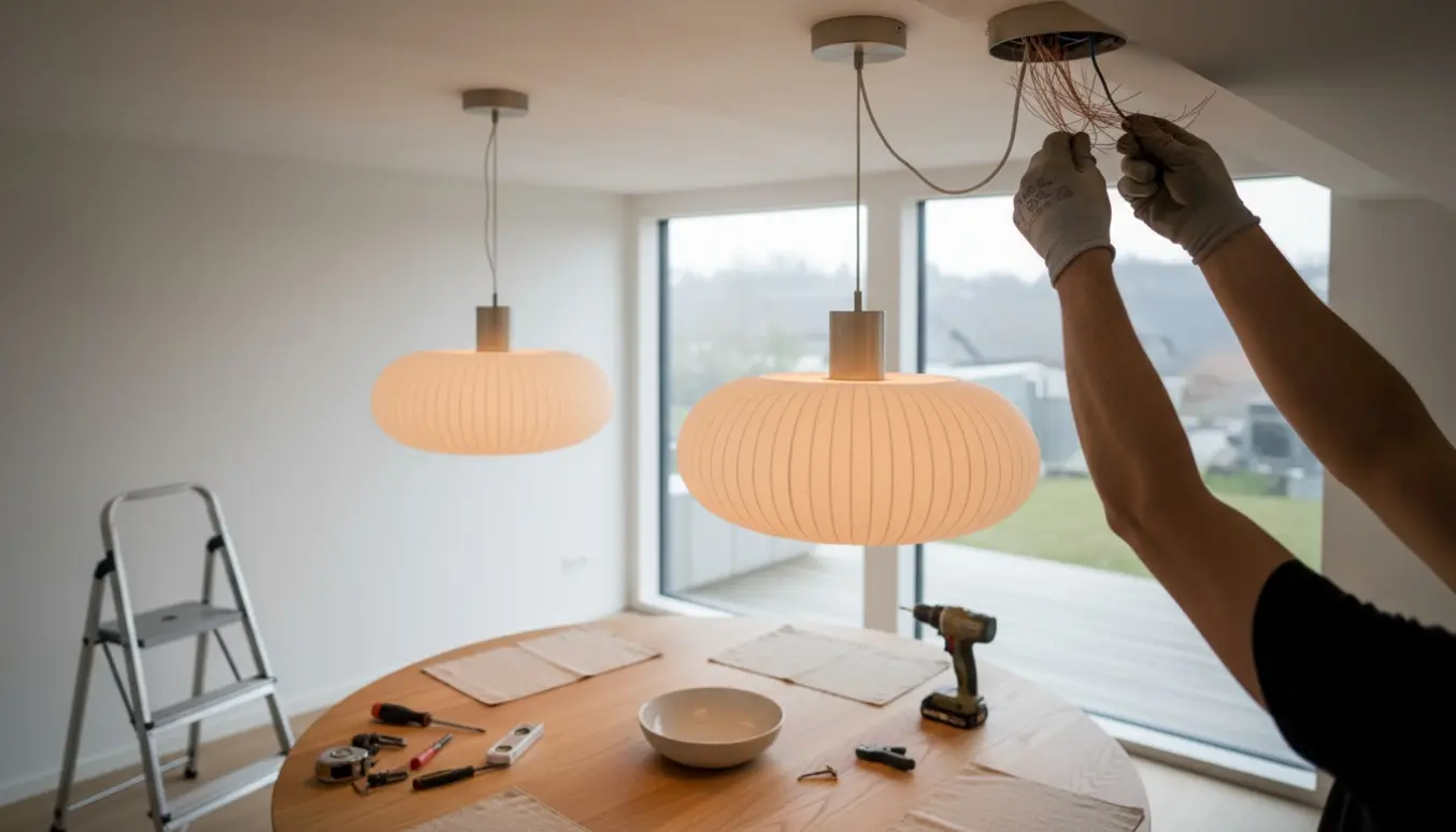To Flos Romeo S2-lamper monteres over et træspisebord, en lampe er tændt mens hænder justerer ledninger og beslag.