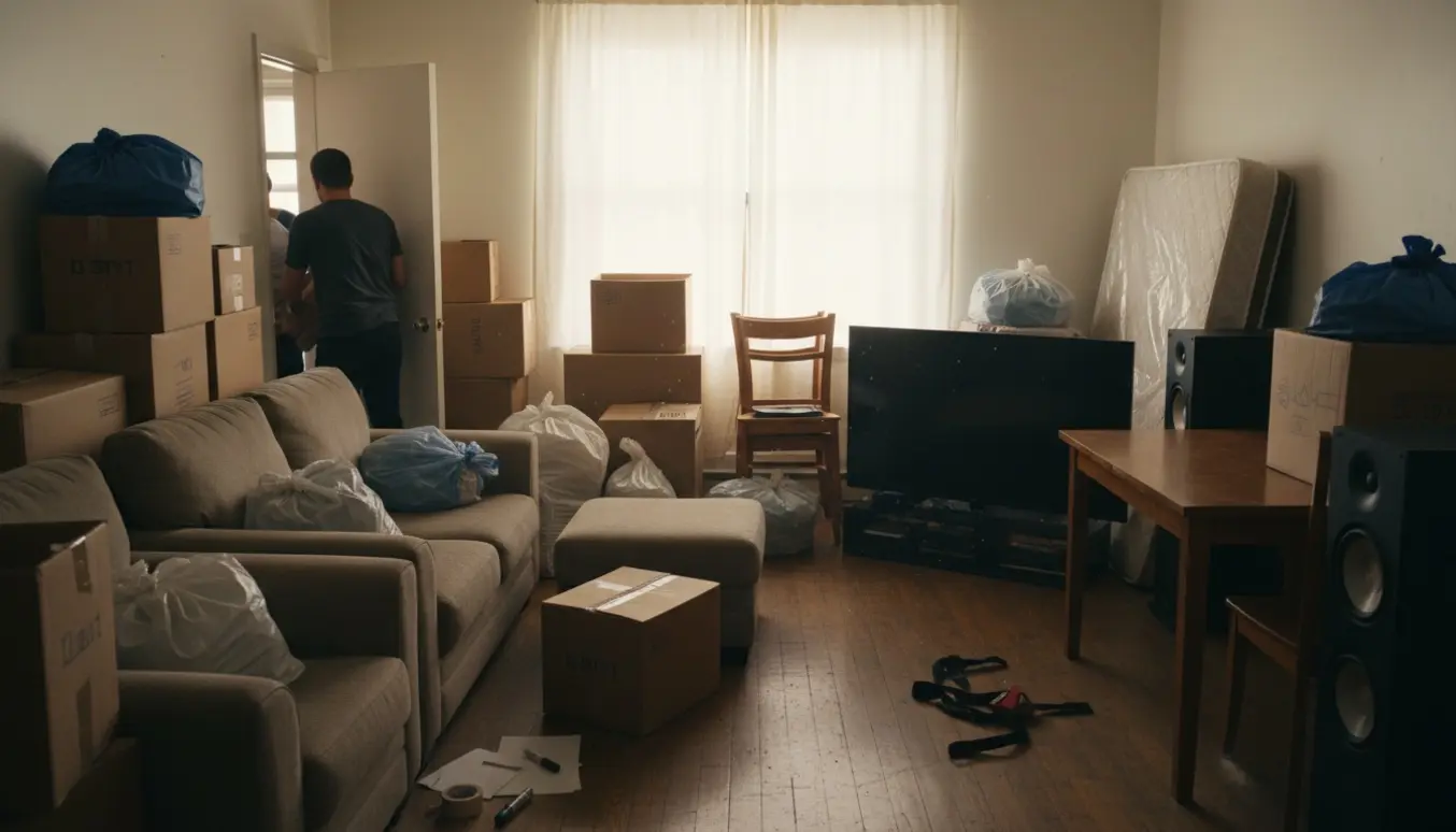 Flyttedag i en lille lejlighed med sofaer, seng, stole, store højttalere og kasser klar til flytning.