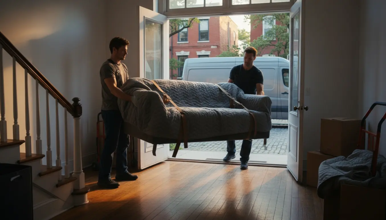 To personer bærer en to meter lang sofa ud af en lejlighed mod en varevogn på gaden ved solnedgang.