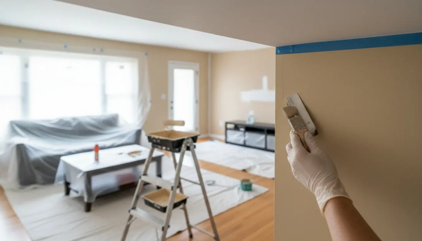 En gloved hånd laver en skarp kant mellem beige væg og nymalet hvidt loft i en afdækket lejlighed.