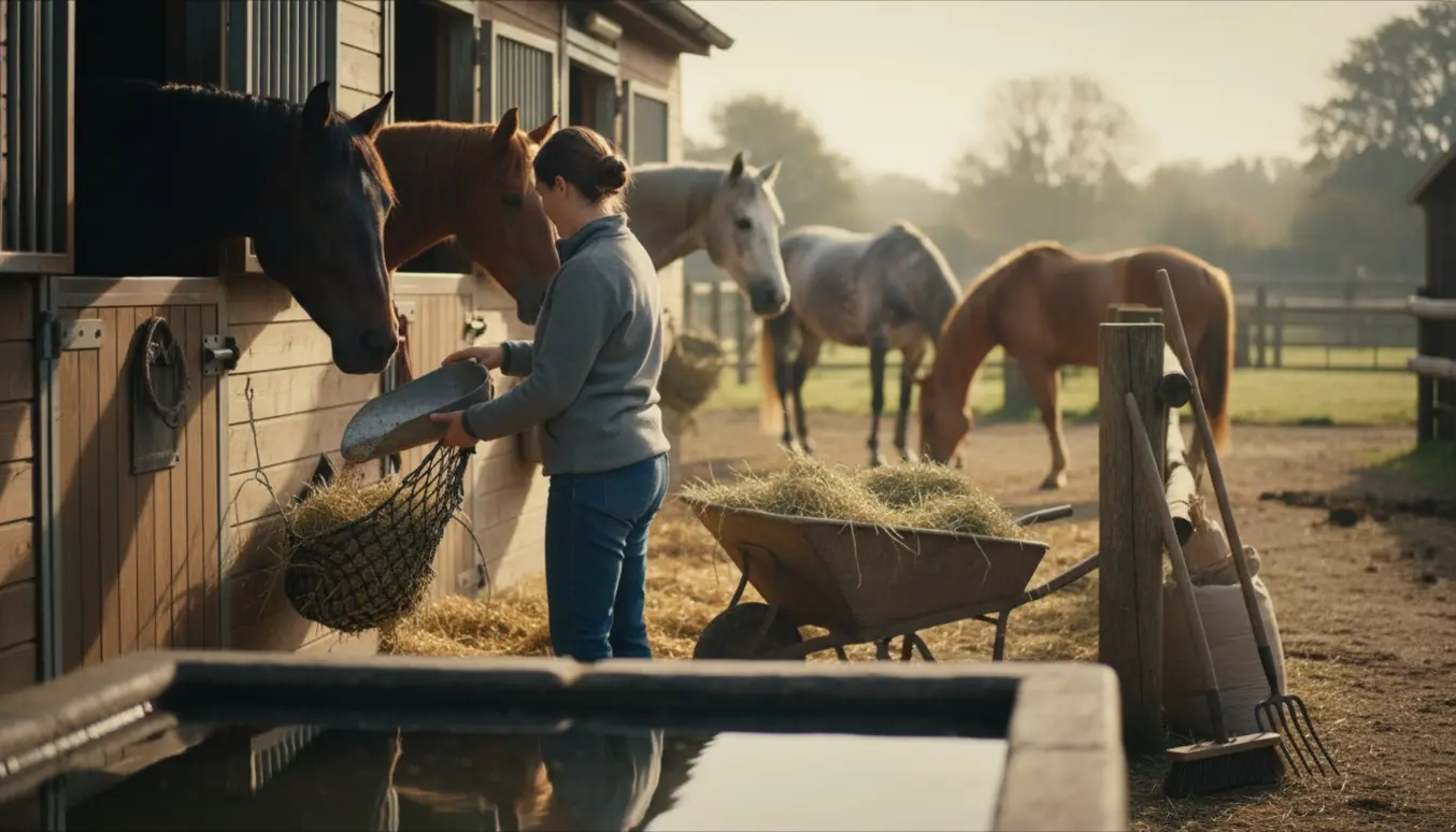Morgenfodring af fire rolige heste i en lille stald, set med en person bagfra og hø samt foderspande.