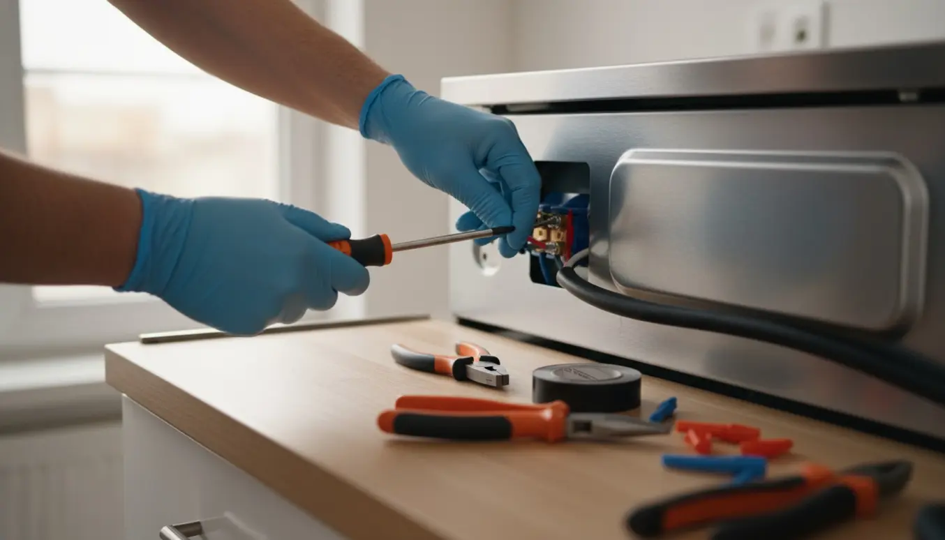 Hænder tilslutter strømledning til et nyt elektrisk komfur i et moderne køkken.