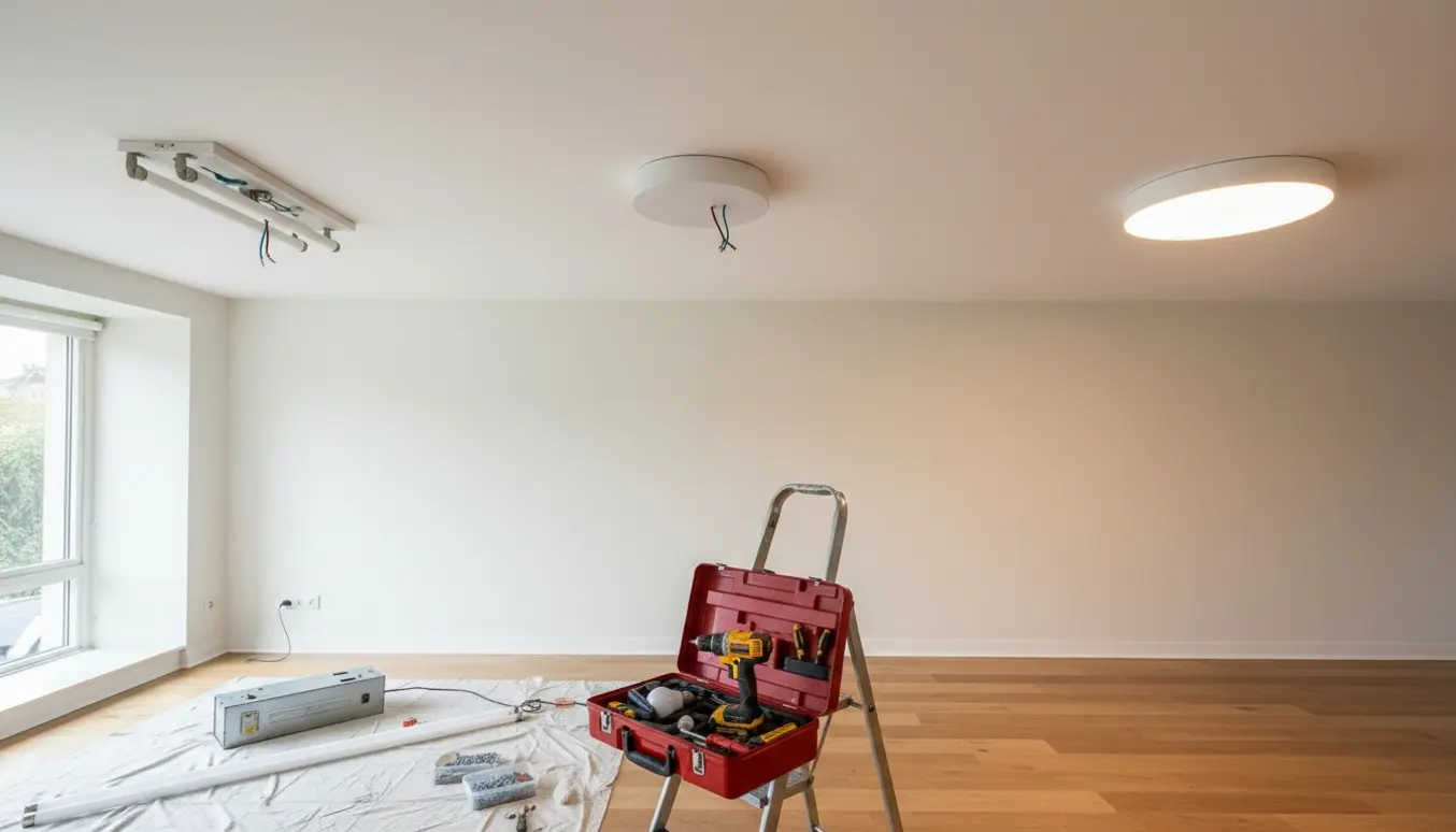 Hænder monterer nye loftslamper i tre loftsudtag, to som erstatter lysstofrør.