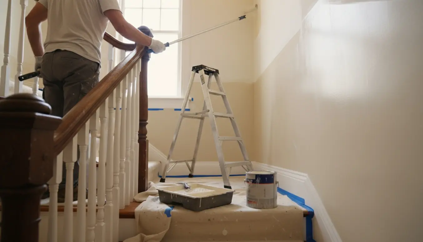 Trappeopgang med vægge halvvejs malet, en maler på en stige og malergrej på trinene.