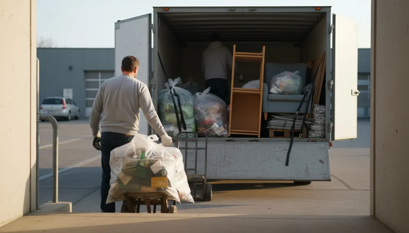 Trailer med sorteret skrald i klare sække ved genbrugspladsen, mens ting bæres op fra en kælder.