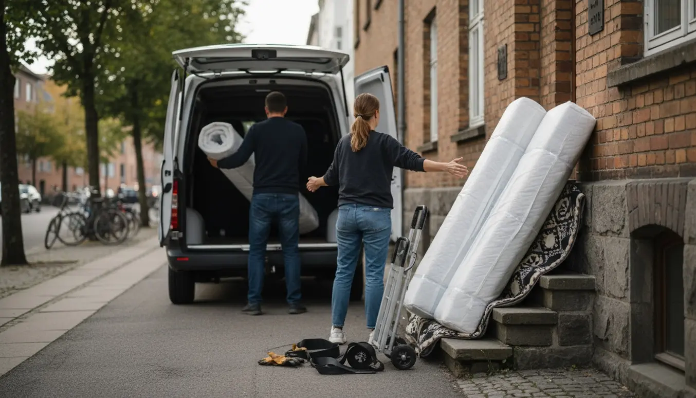 To boksmadrasser læsses ind i en varevogn foran en lejlighed, personer med ryggen til hjælper til.