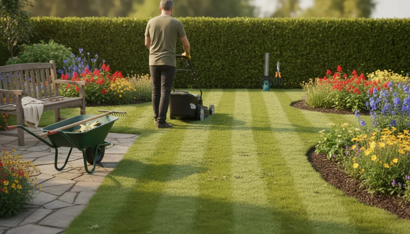 En hjælper slår græs i en velplejet have med hæk, blomsterbede og haveredskaber.