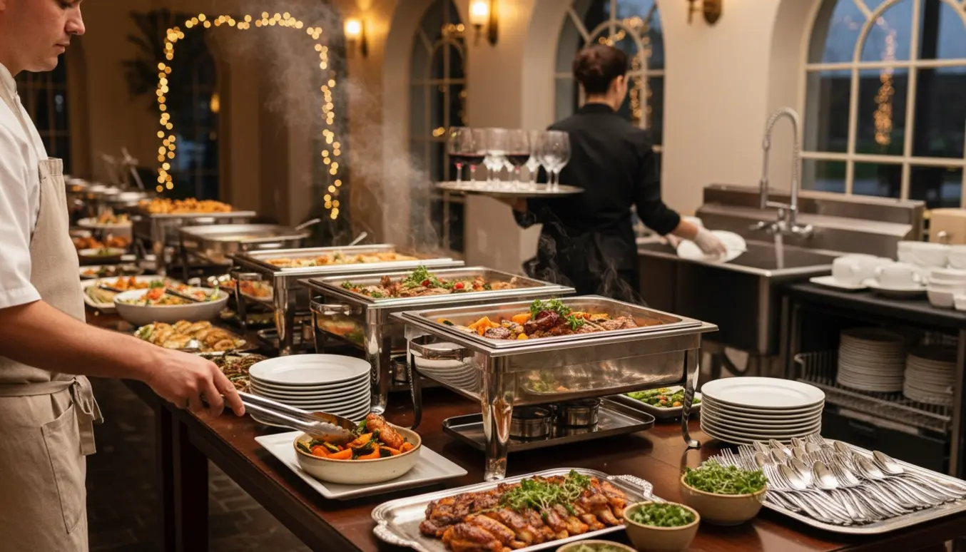 Cateringspersonale anretter varm buffet og serverer drikkevarer ved et bryllup, med opvask og oprydning i baggrunden.