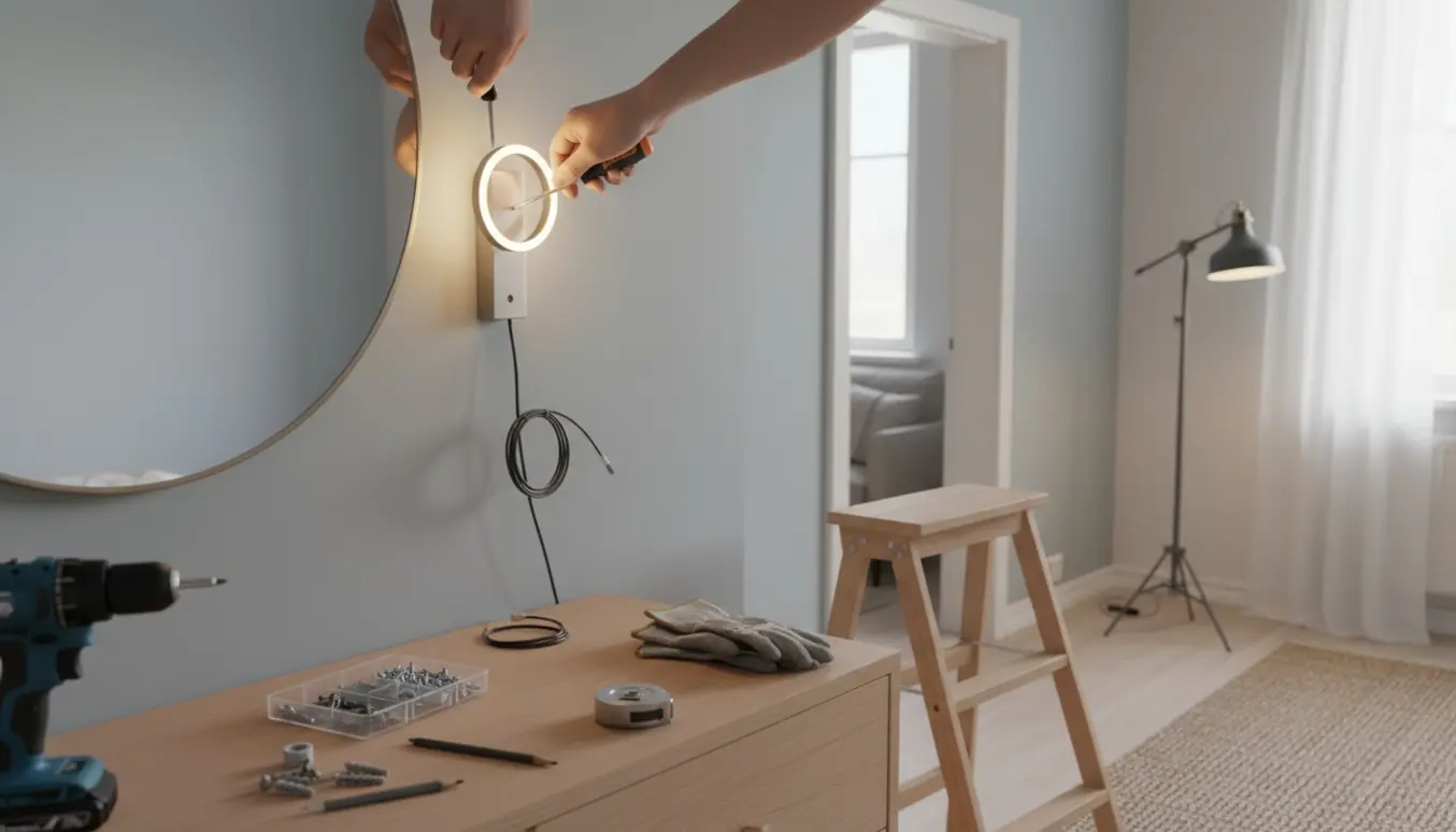 Nærbillede af montering af LED-lys på et makeup-spejl i et lyst soveværelse med værktøj på kommoden.