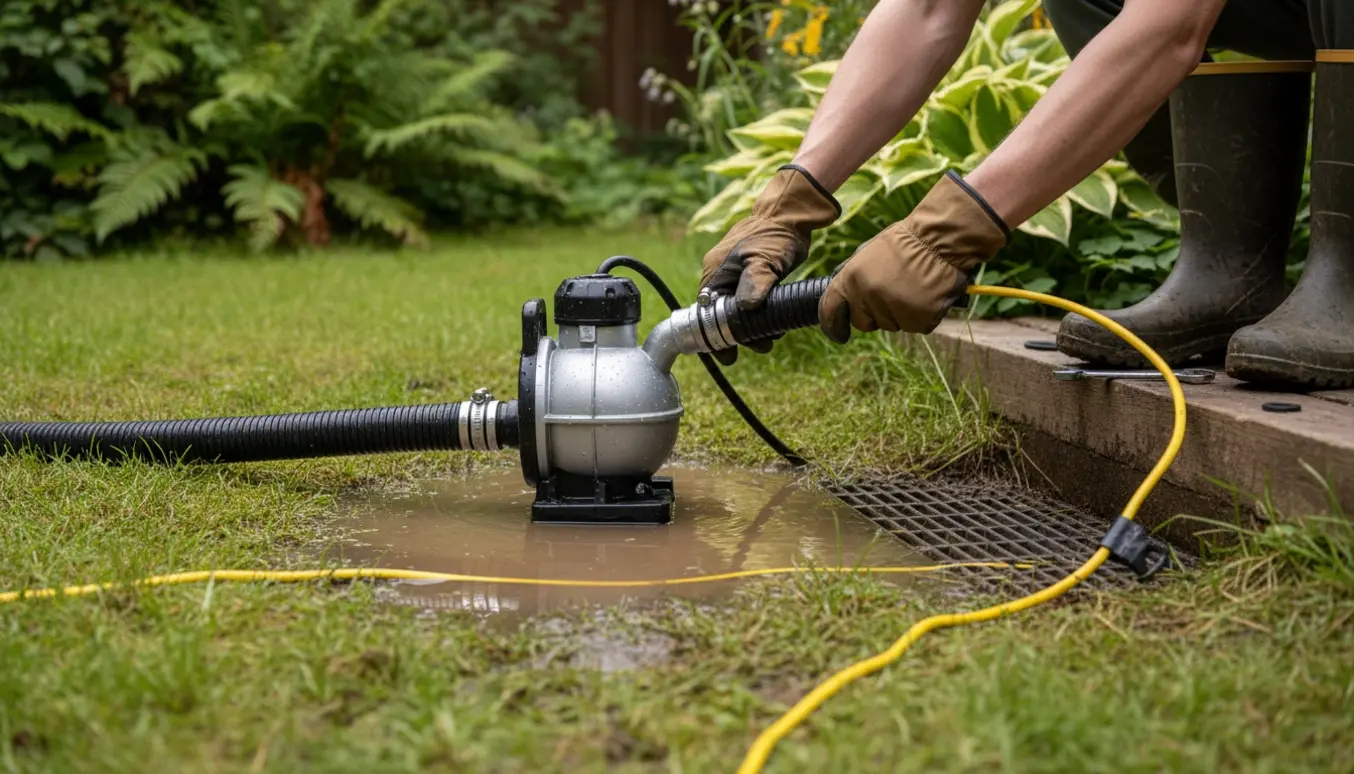 Dykpumpe i baghaven med slange, klar til at pumpe vand væk mod kloakken.