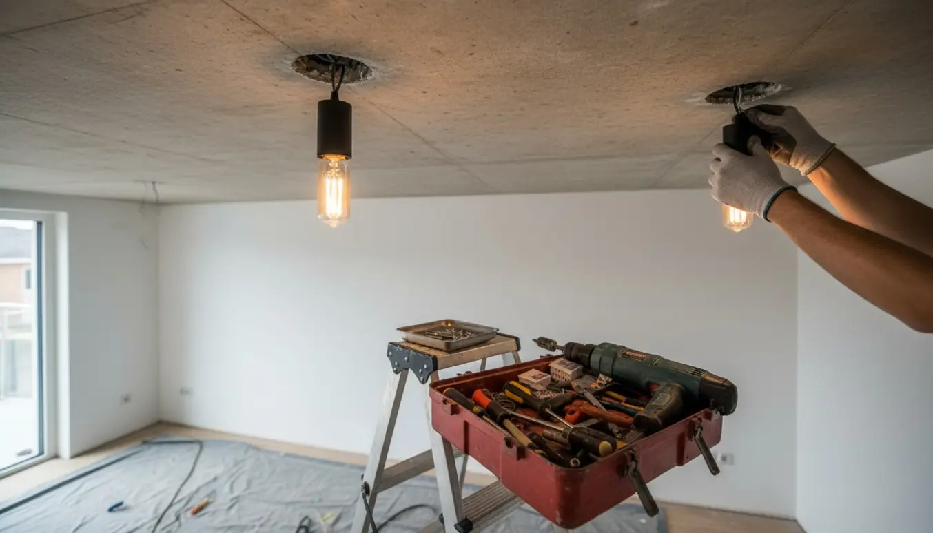 To hængelamper monteres i et betonloft med hænder, værktøj og stige i forgrunden.