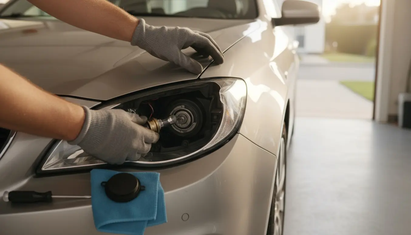 Nærbillede af hænder, der udskifter pære i venstre forlygte på en bil i en oplyst garage.