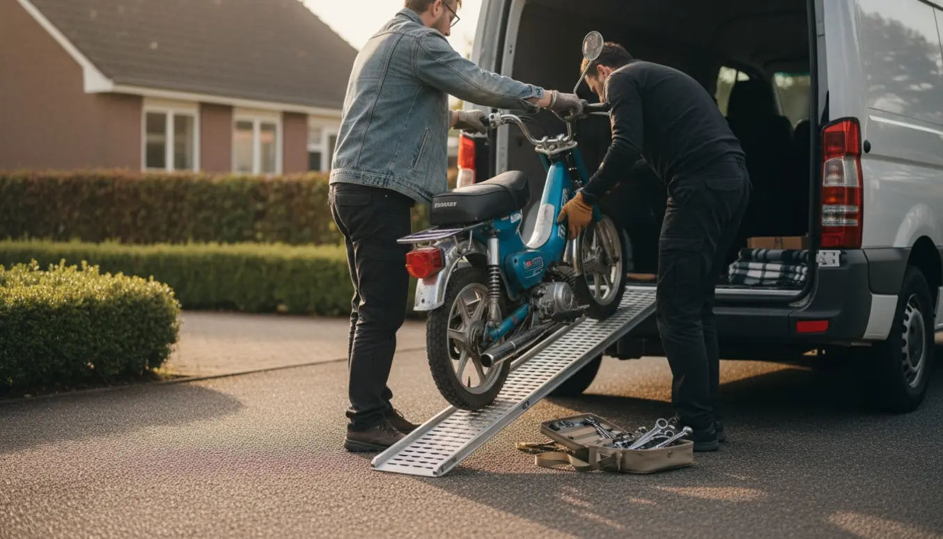 En person hjælper med at løfte en lille 30 km/t knallert ind i en varebil med en rampe.