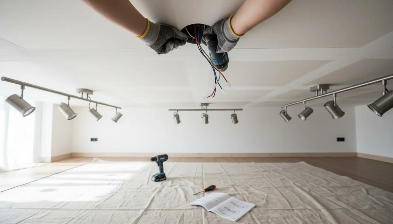 Hænder monterer tre spotlamper i et nyt hvidt gipsloft med værktøj og stige i baggrunden.