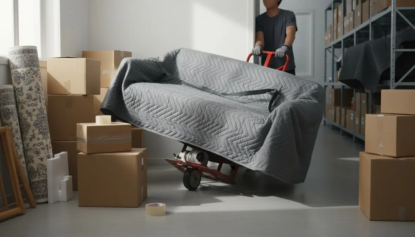 En sofa og kasser flyttes fra en lejlighed ind i et depotrum med håndtruck og flytteudstyr.