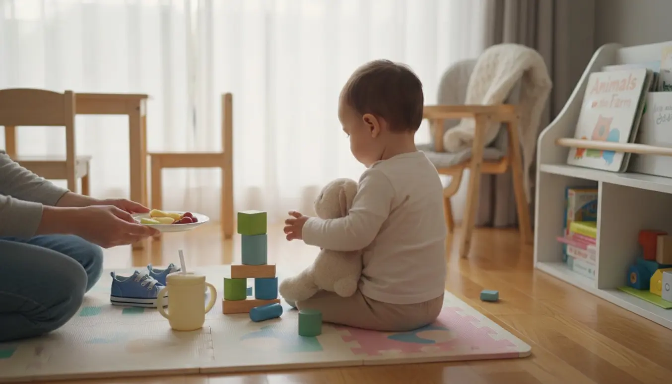Barnepige giver en snack til en 2-årig, der leger med klodser på et farverigt legetæppe i en solbeskinnet stue.