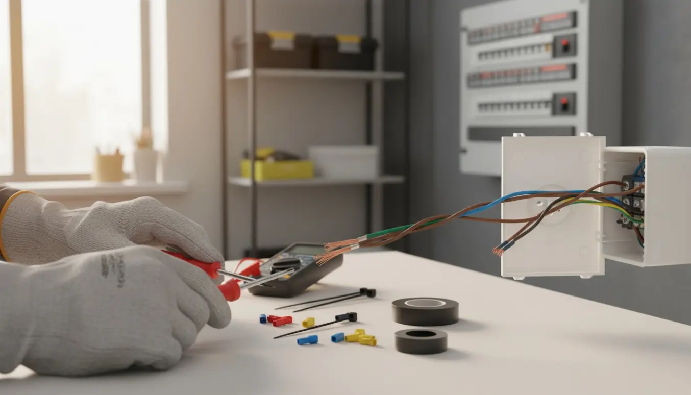 Hænder i isolerede handsker reparerer elektriske ledninger i en åben installationsdåse med værktøj ved siden af.