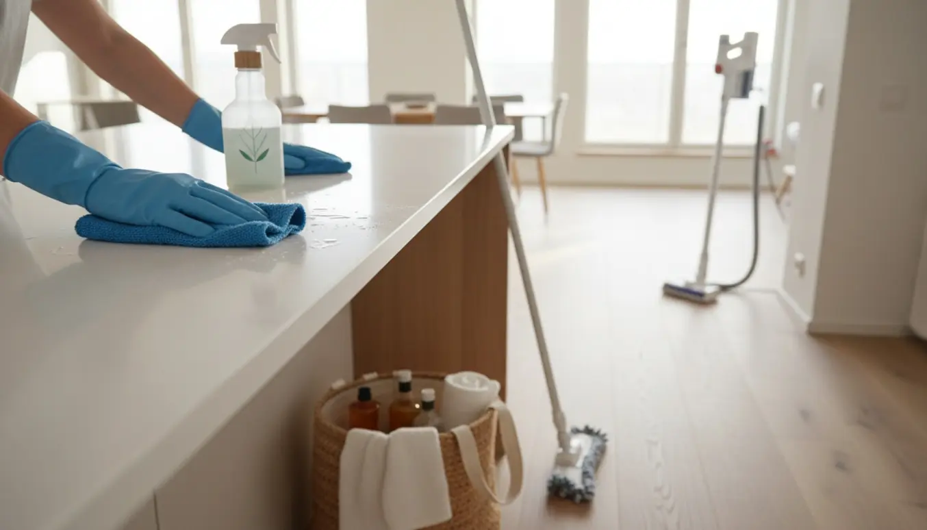 En person i gummihandsker tørrer en køkkenbordplade af med en mikrofiberklud i en lys, ryddelig lejlighed.